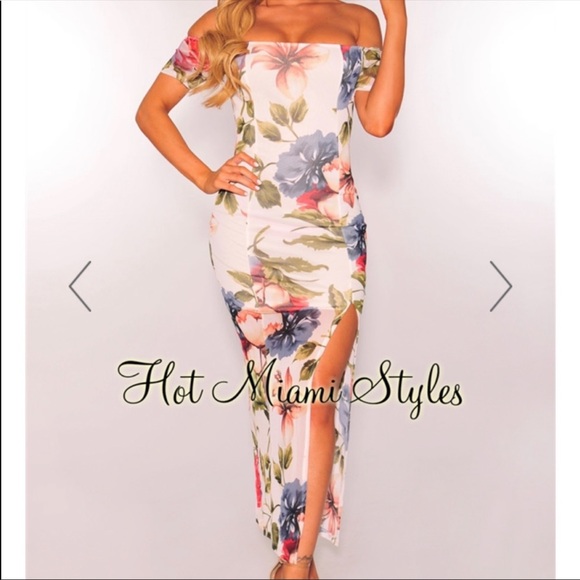 Dresses & Skirts - Off White Floral Print Off Shoulder Slit